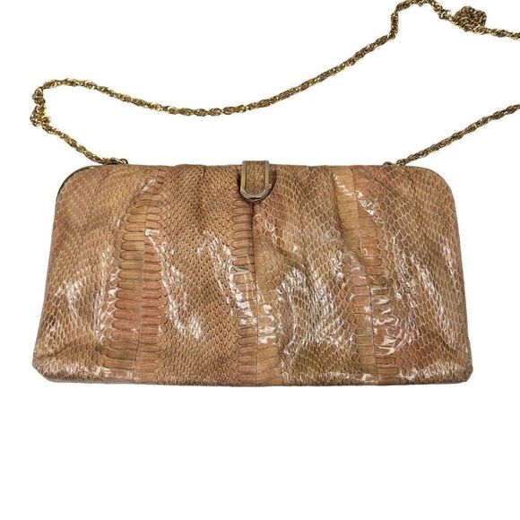 Vintage Snake Skin Leather Clutch Purse Gold Chain Strap - Picture 1 of 8
